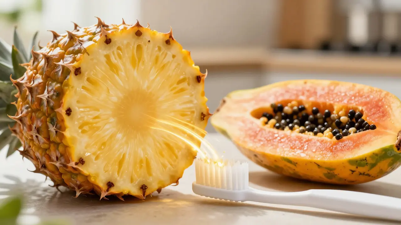 Ananas a papája symbolizující enzymatické bělení zubů