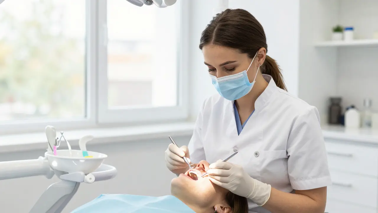 Dentistka kontroluje zuby pacienta v moderní ordinaci