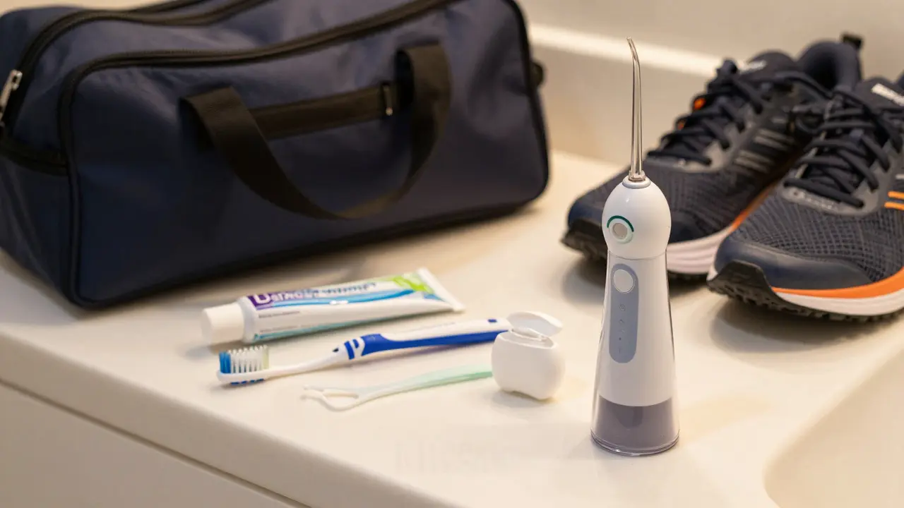 Hygienické pomůcky jako kartáček a nit vedle sportovního vybavení