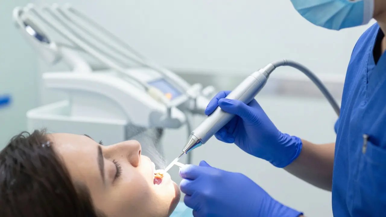Hygienista čistí zuby ultrazvukovým škrabkou
