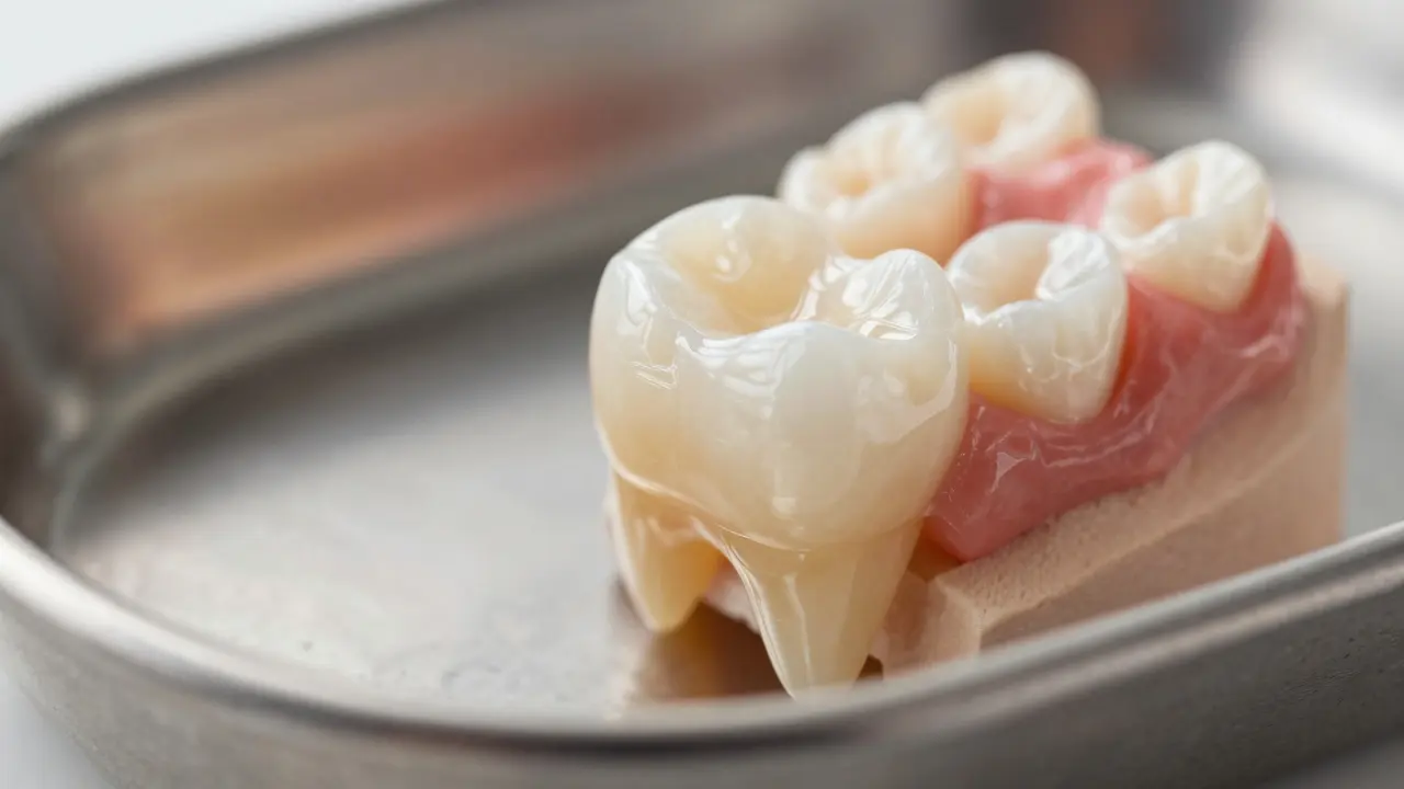 Keramický onlay vedle modelu zubu v laboratoři, detail materiálu.