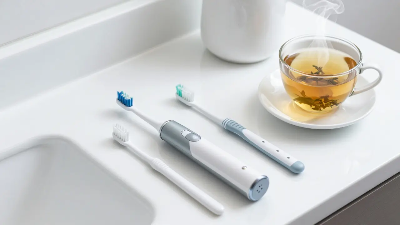 Moderní zubní kartáčky a hygienické pomůcky v koupelně