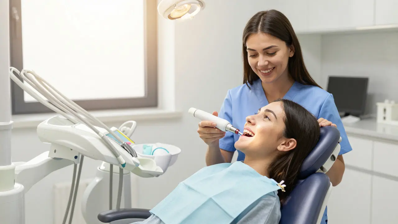 Pacientka v křesle u zubní hygienistky během procedury