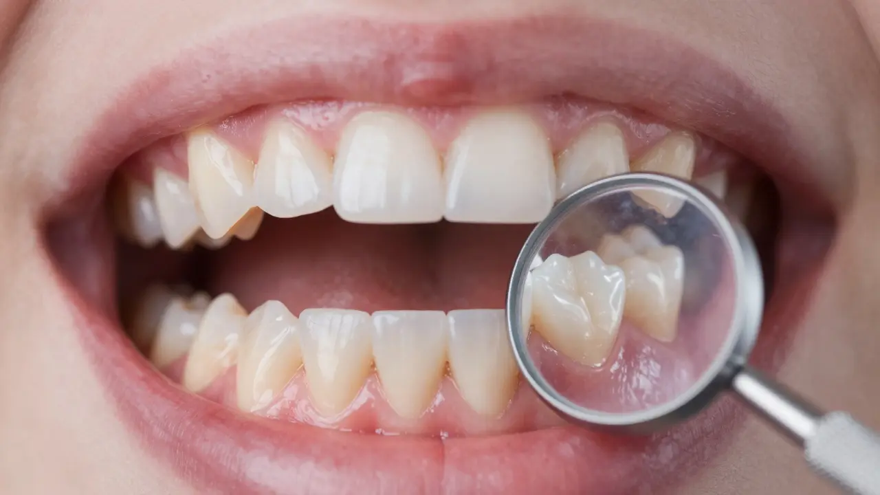Pohled do úst s dentálním zrcátkem