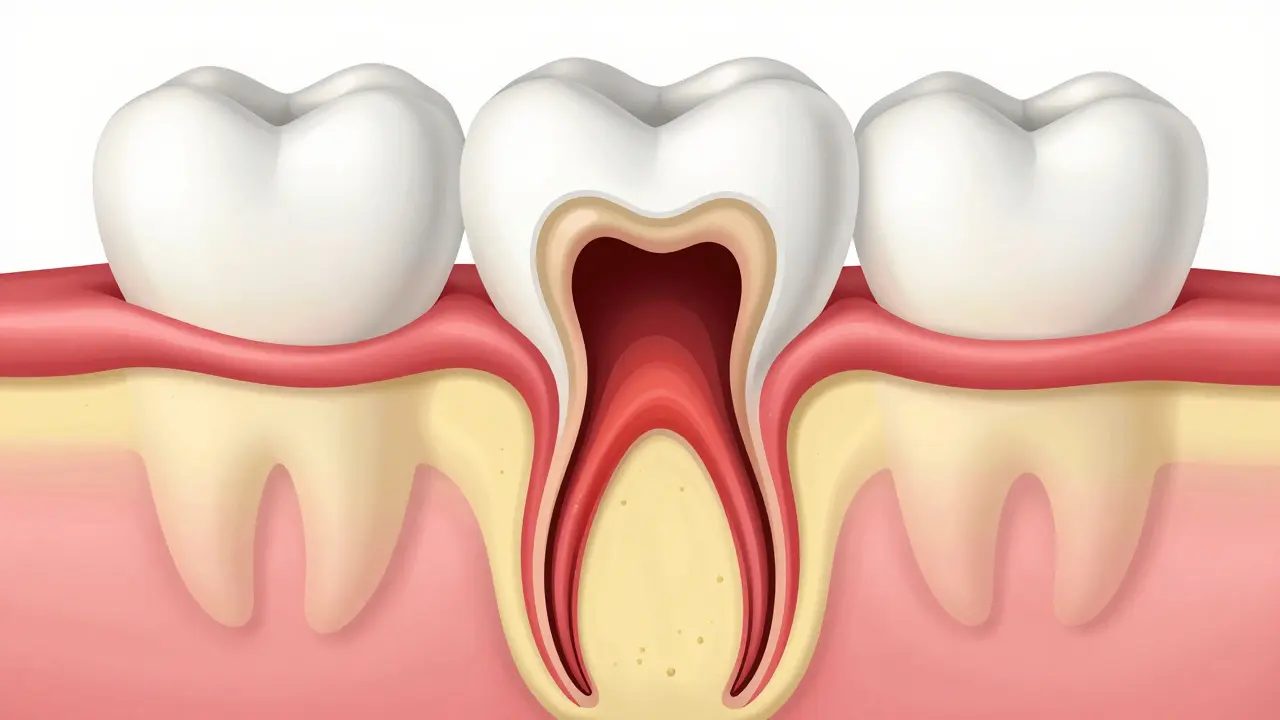 Příčný řez zubem ukazující kaz v dentinu a hrozbu nervu