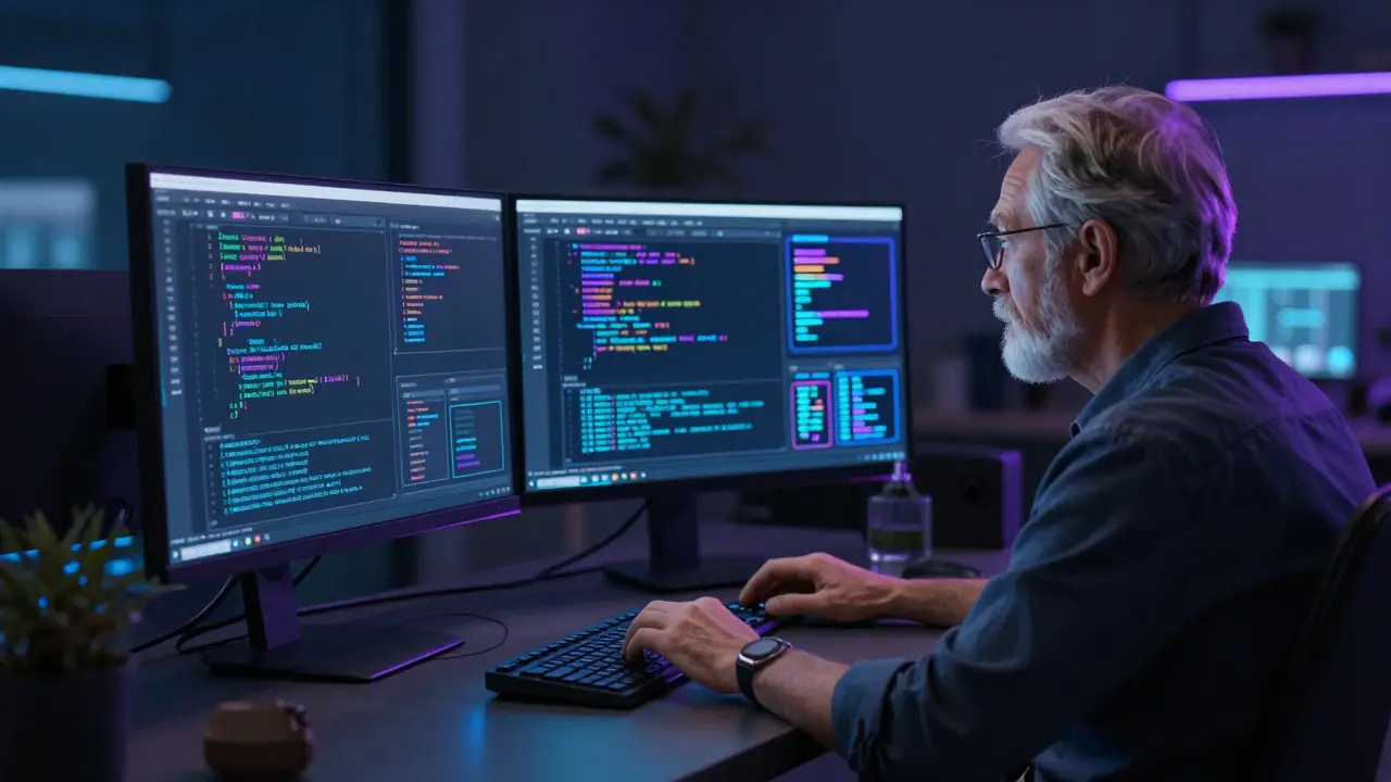 Programátor pracující s AI a kódem ve tmavé místnosti