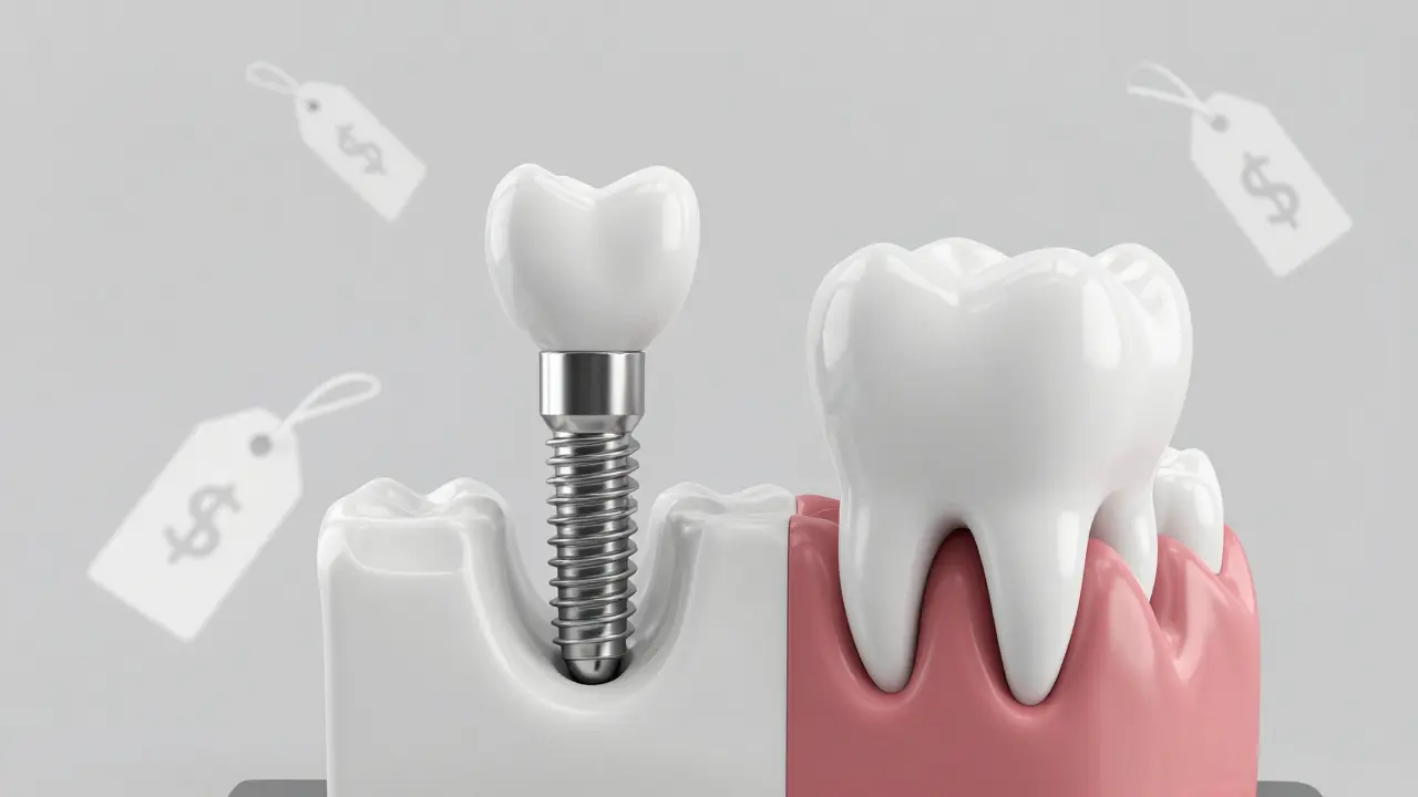 3D vizualizace zubního implantátu a zirkonové koruny v čelisti