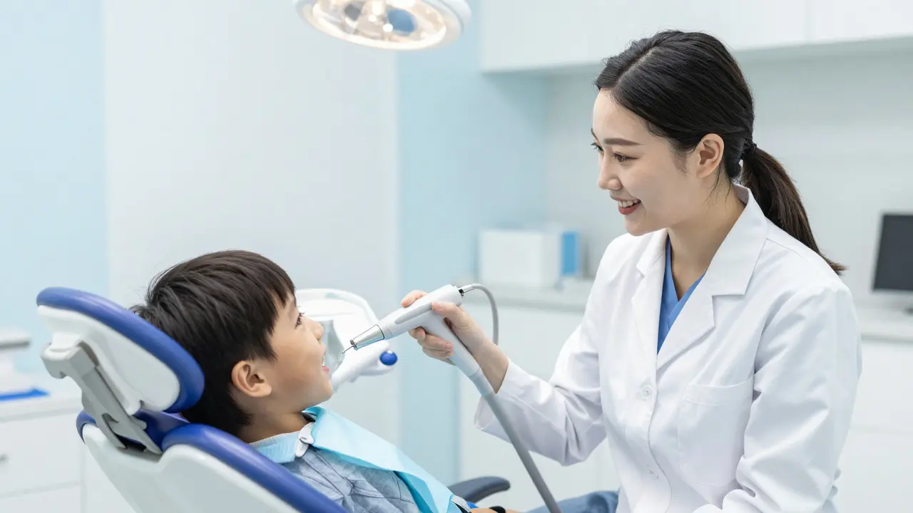 Přátelský dentální hygienista s úsměvem u dětského pacienta