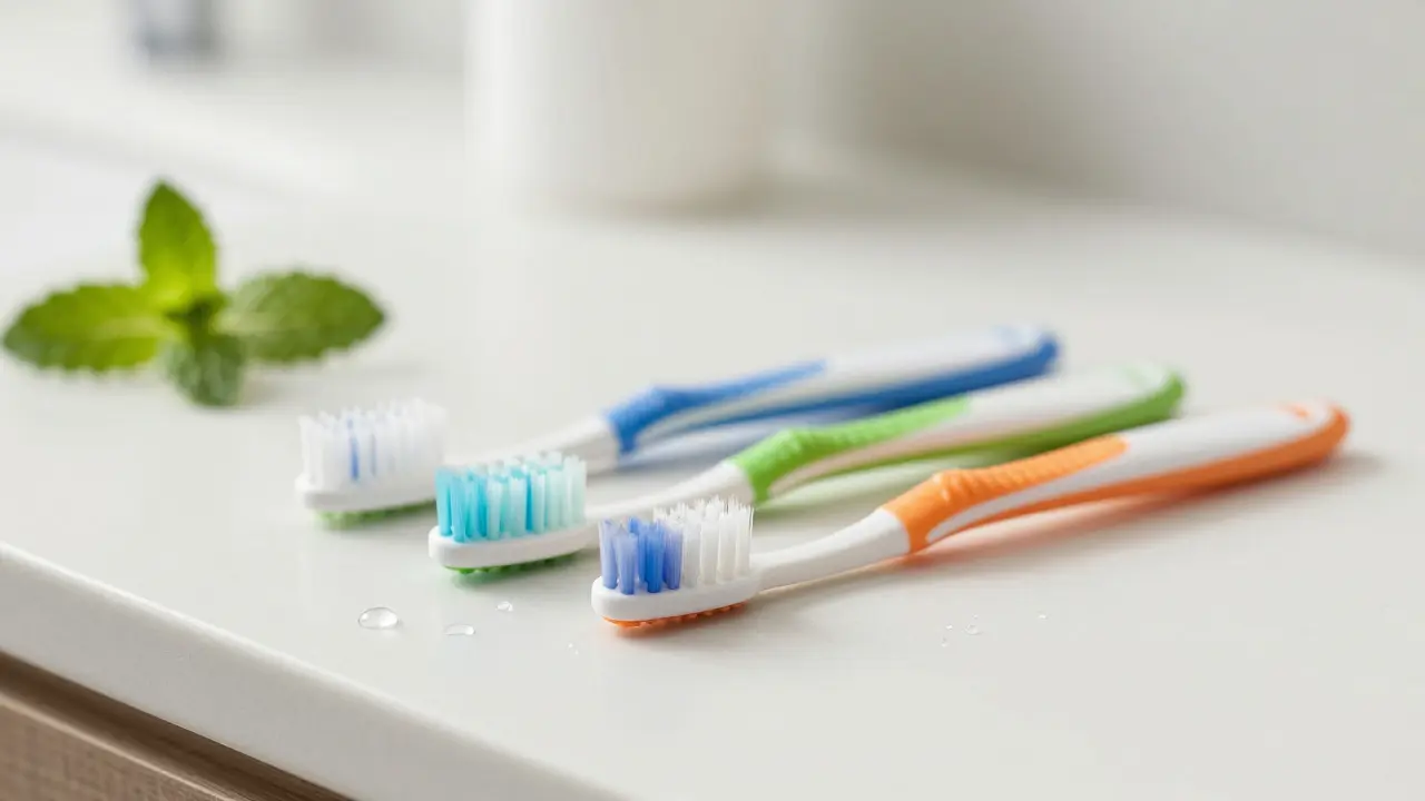 Různé mezizubní kartáčky uspořádané na čistém podkladu pro demonstraci ústní hygieny.