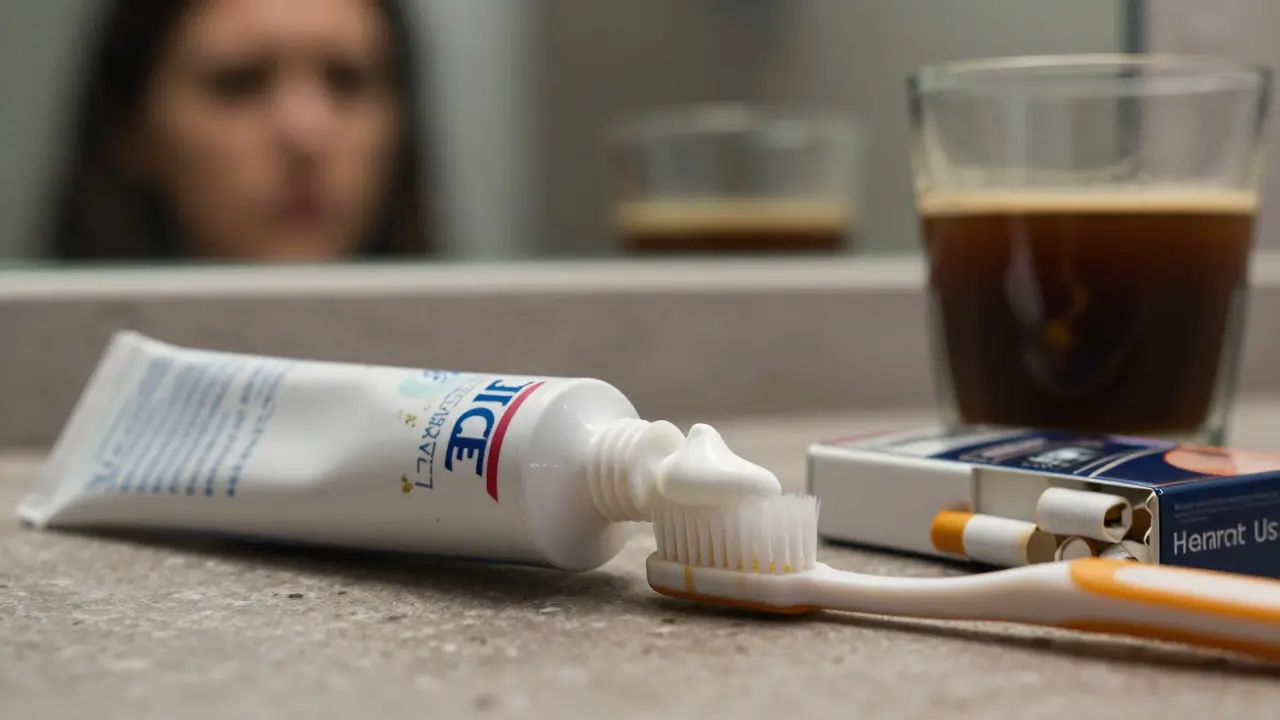 Bělící pasta na kartáčku vedle kávy a cigaret jako zdrojů skvrn