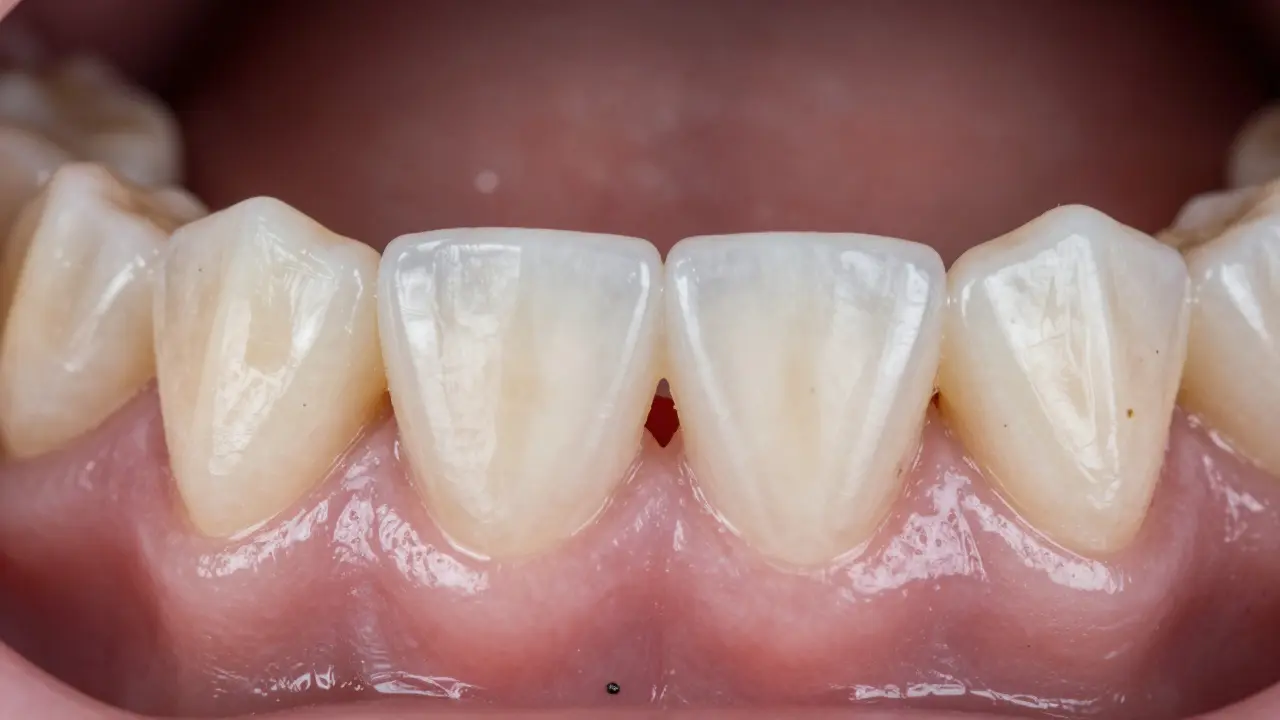 Detail mezery mezi premoláry ukazující ústup dásní a černý trojúhelník
