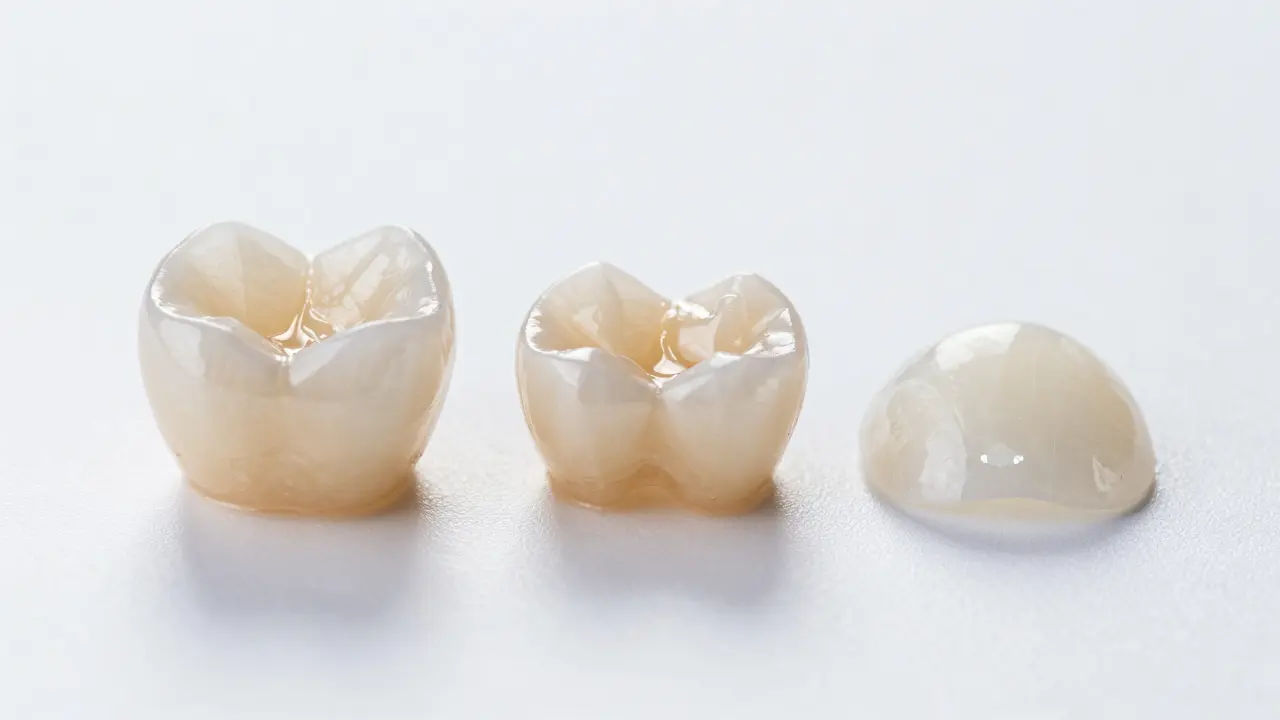 Keramická korunka, vložka a laminát vedle sebe na bílém pozadí