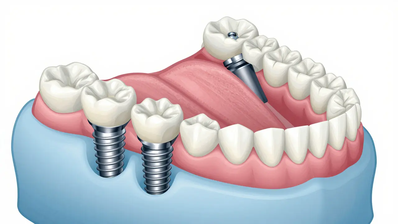 Schéma implantátů All-on-4 ukotvených v kosti s pevnými zuby