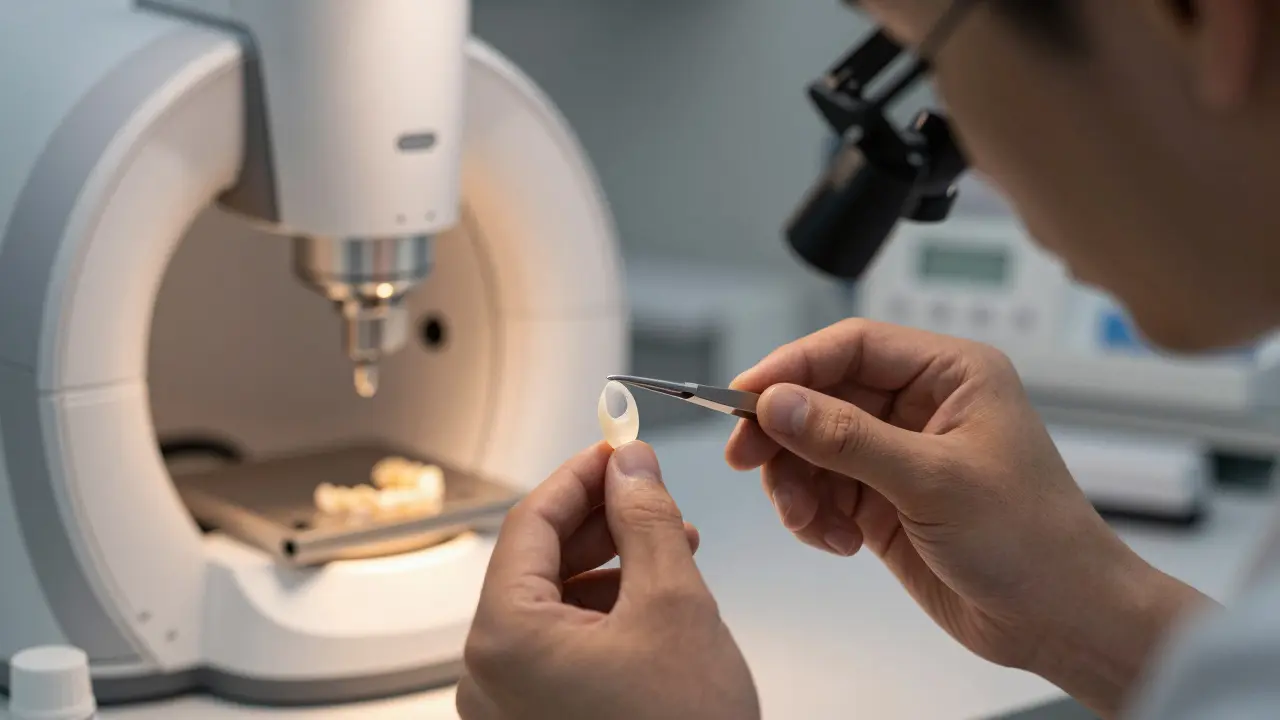 Technik v laboratoři kontroluje tenkou keramickou destičku pro zubní fázi