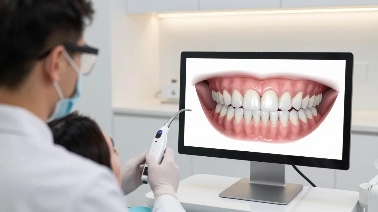 Zubař provádí digitální sken zubů pro návrh úsměvu v ordinaci