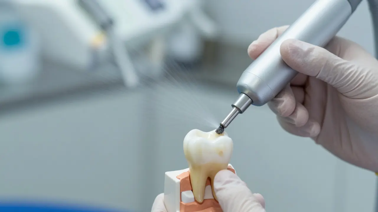 Zubní hygienistka provádí pískování zubu speciálním nástrojem