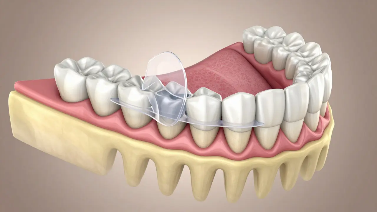 3D ilustrace remodelace kosti při pohybu zubů rovnátky