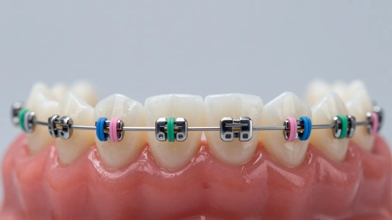 Detail kovových držáků a drátku fixních rovnátek
