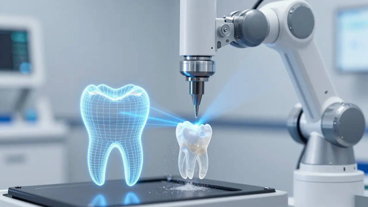 Digitální frézování zirkonové korunky robotickou rukou