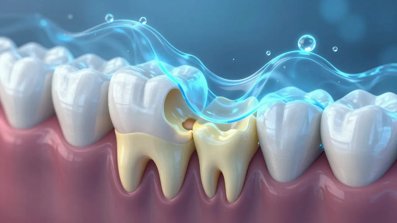 Ilustrace eroze zubů kyselinou odhalující dentin