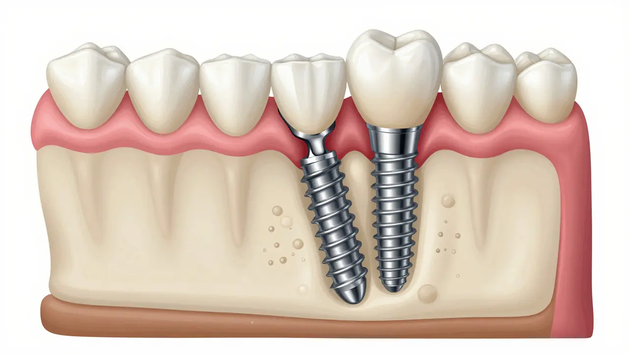 Ilustrace průřezu čelistí ukazující titanový implantát integrovaný do kosti