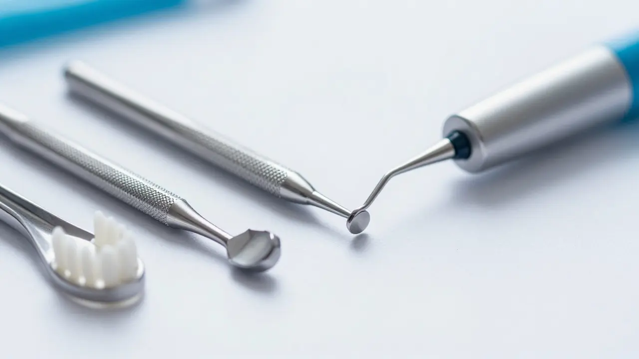 Profesionální dentální nástroje na čištění zubního kamene na bílém pozadí
