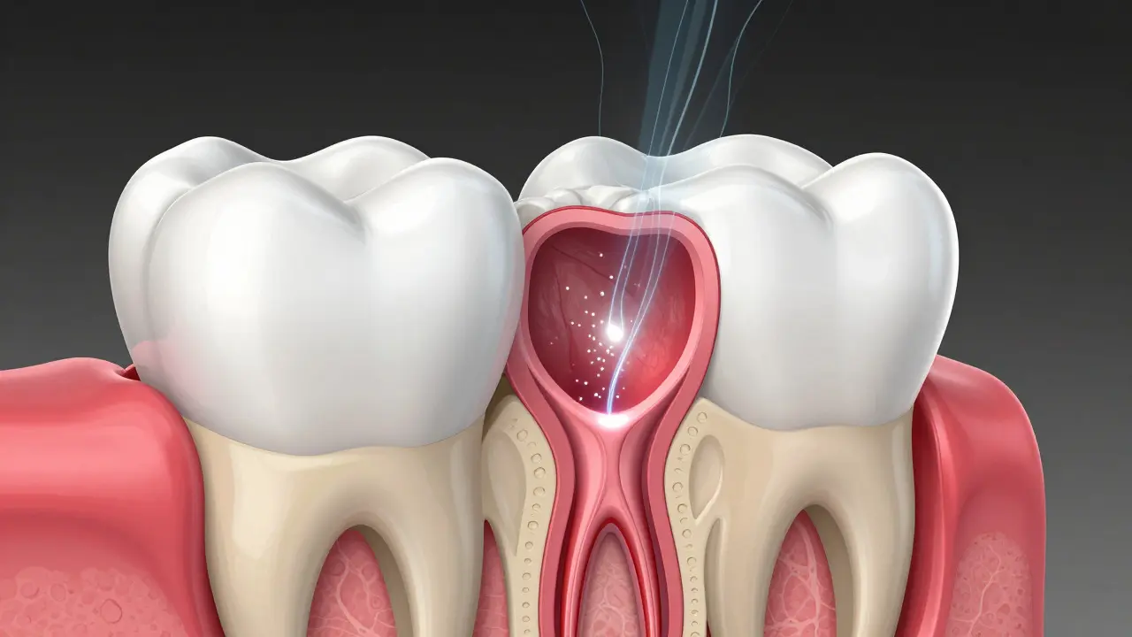Schematické znázornění uzavření tubulek v dentinu zubu