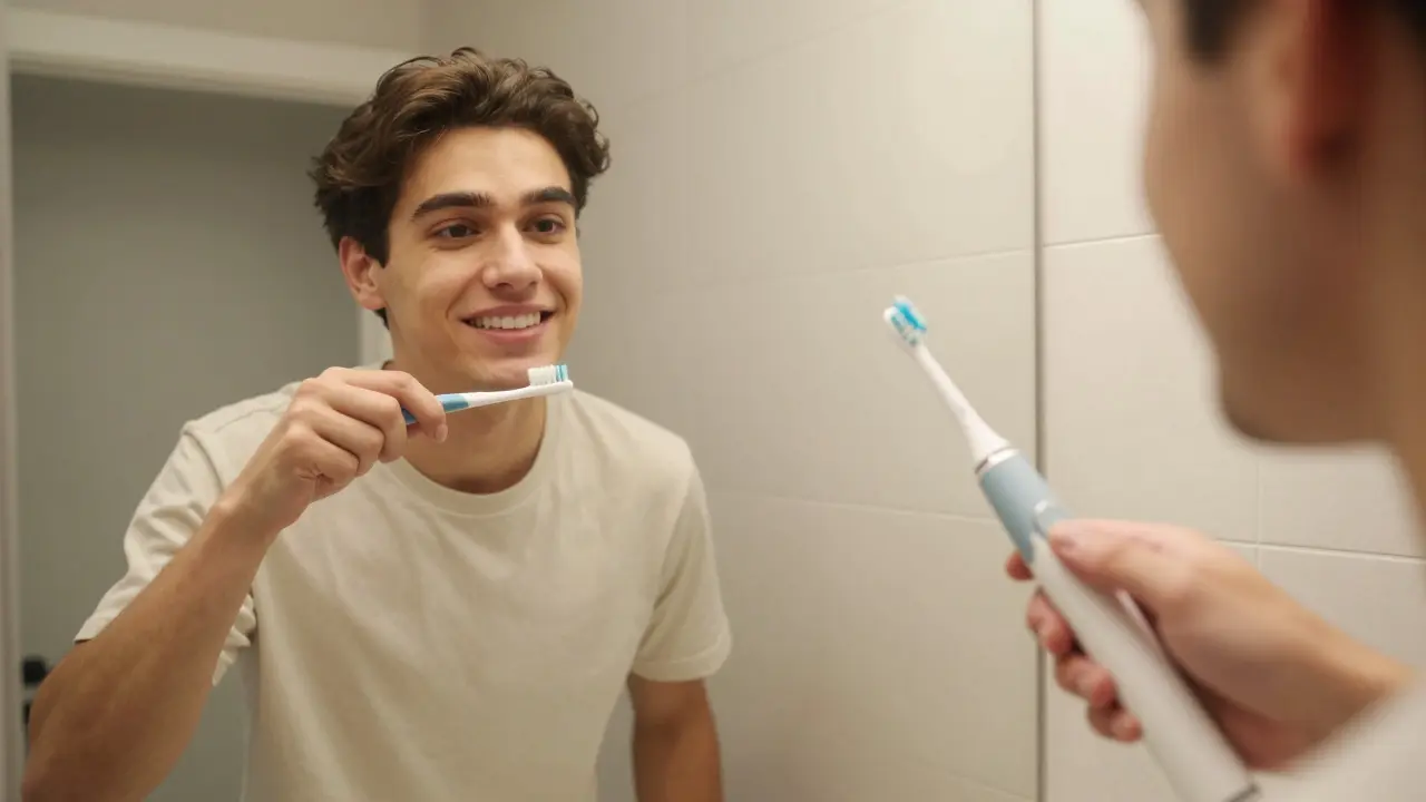 Srovnání ručního a elektrického čištění zubů v moderní koupelně