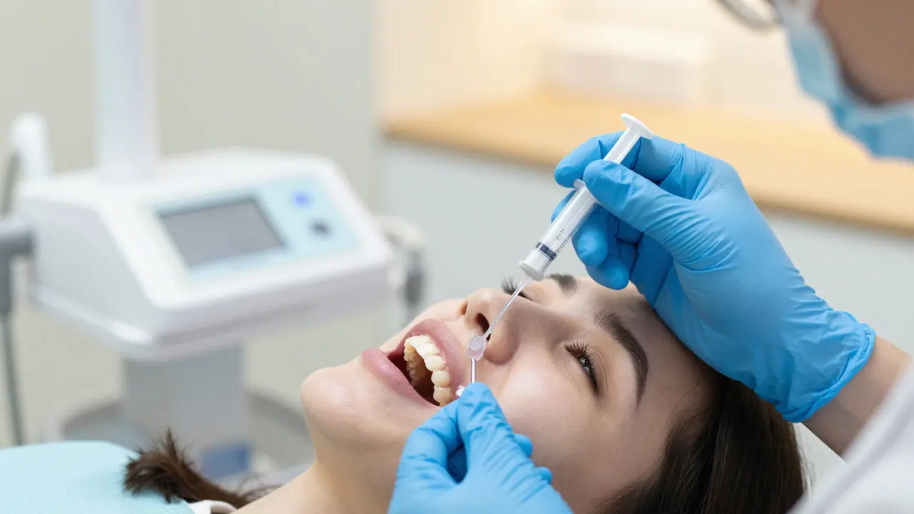 Stomatolog nanáší remineralizační gel na zub pacienta v ordinaci
