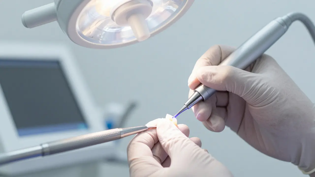 Zubní lékař aplikuje kompozitní materiál na zub