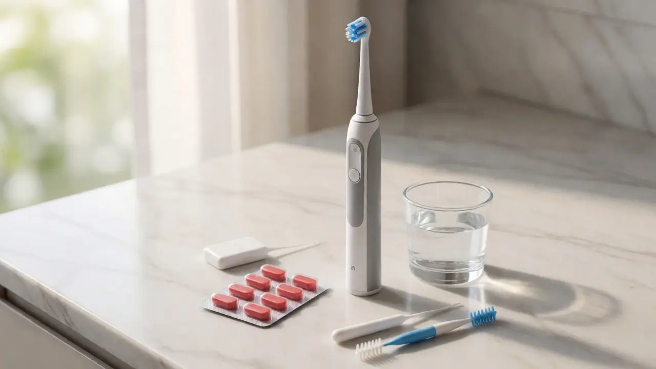 Dentální hygienické potřeby na mramorové desce