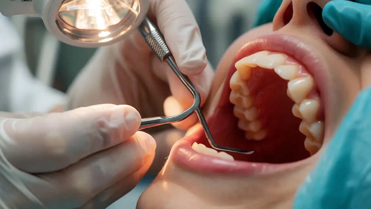Dentální hygienista odstraňuje kámen z kořene zubu kyretou.