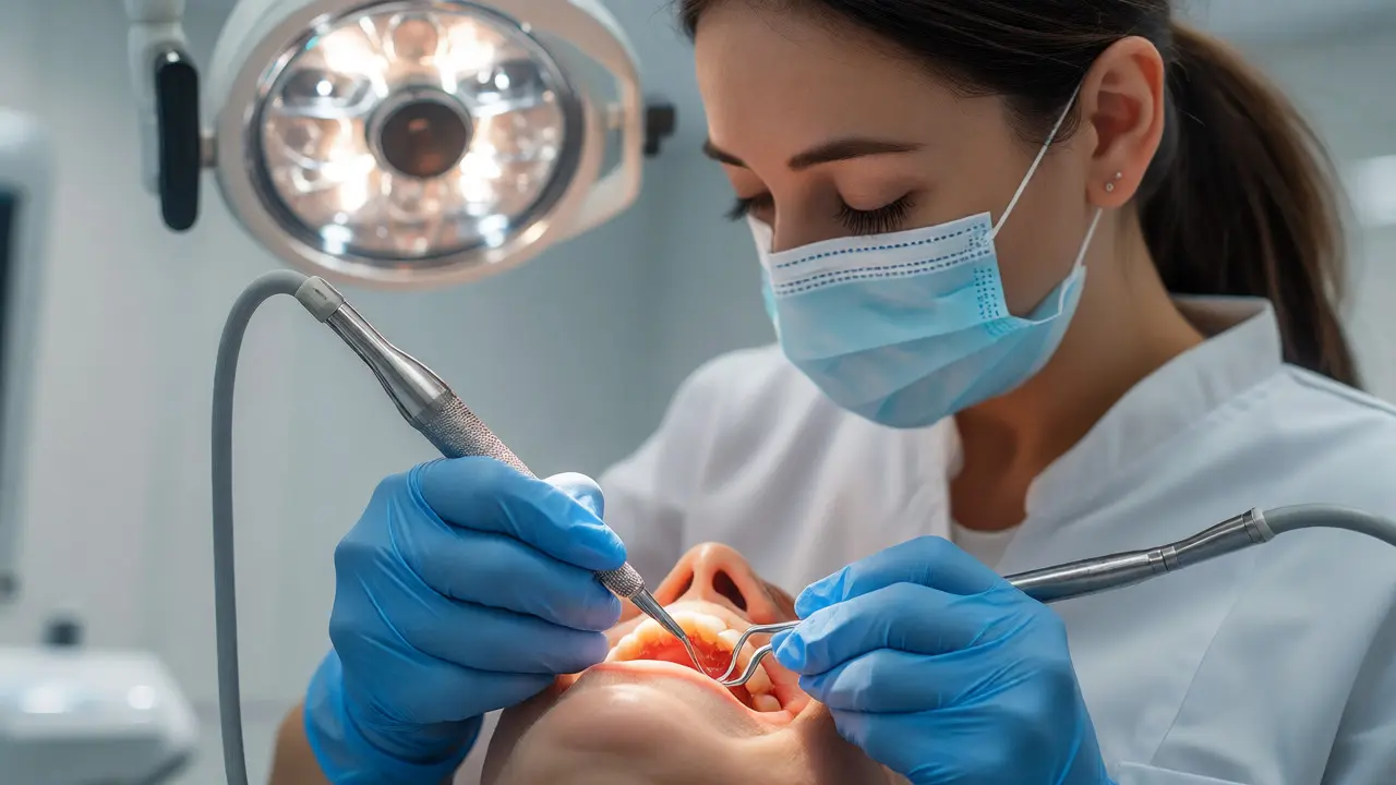 Dentální hygienistka odstraňuje kámen z kořene zubu nástrojem