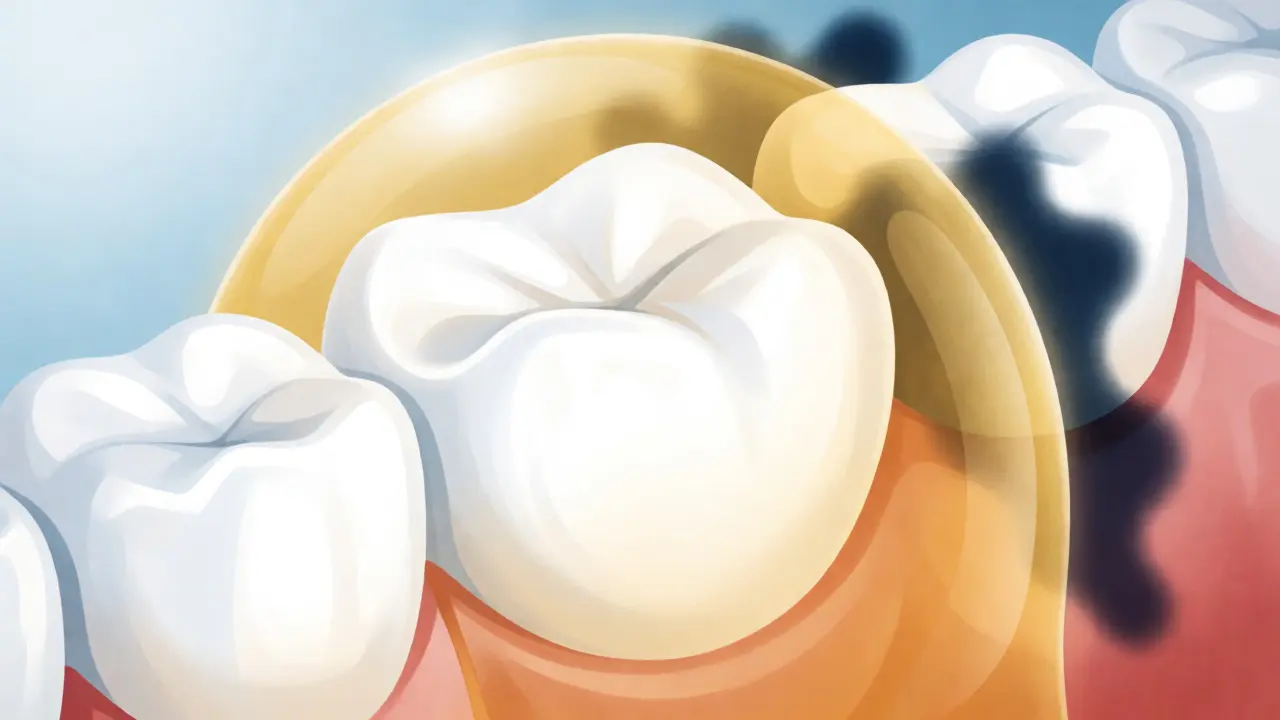 Ilustrace zdravého zubu chráněného před kyselinami