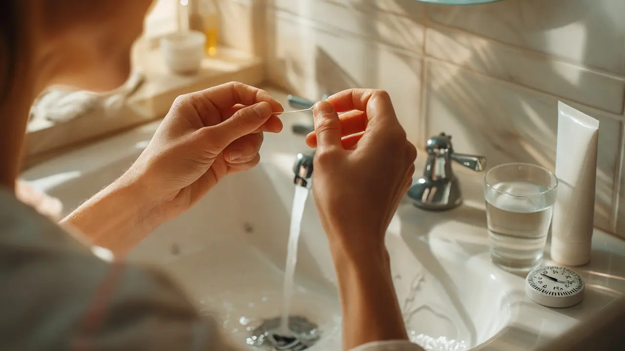 Osoba používá zubní nit pro prevenci kazů v koupelně