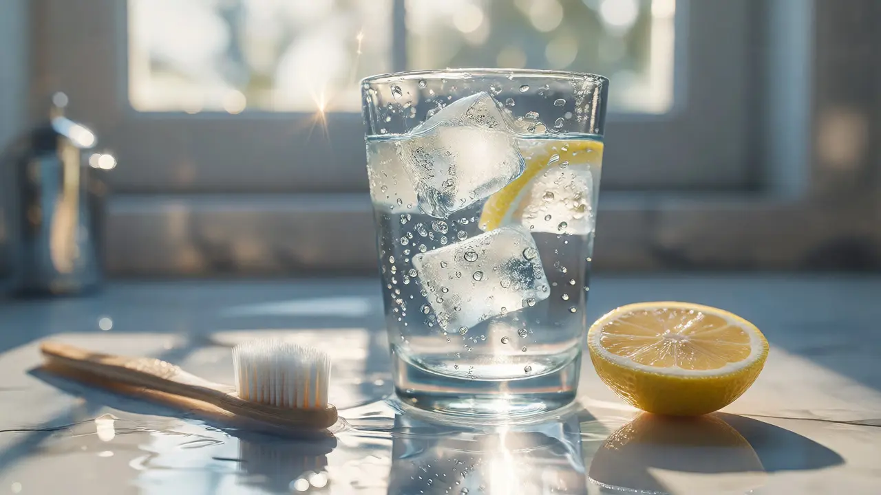 Sklenice citronové vody a kartáček na zuby