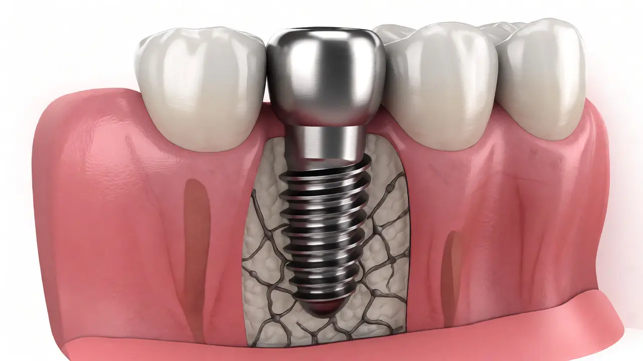 Titanový zubní implantát zasazený do čelistní kosti