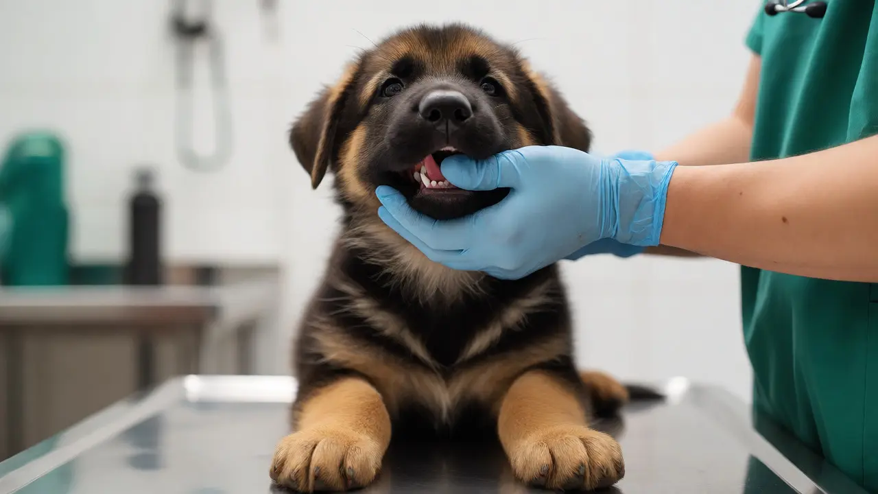 Veterinární kontrola skusu německého ovčáka po výměně chrupu