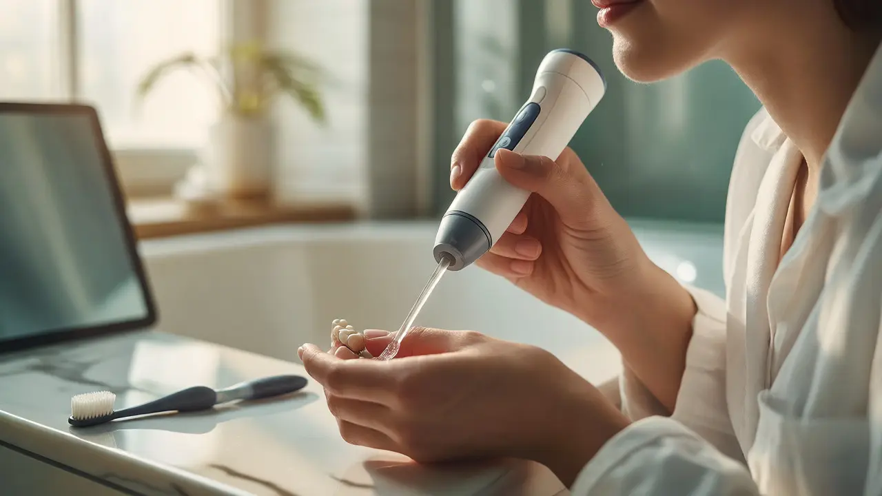 Čištění implantátu vodním irigátorem v koupelně