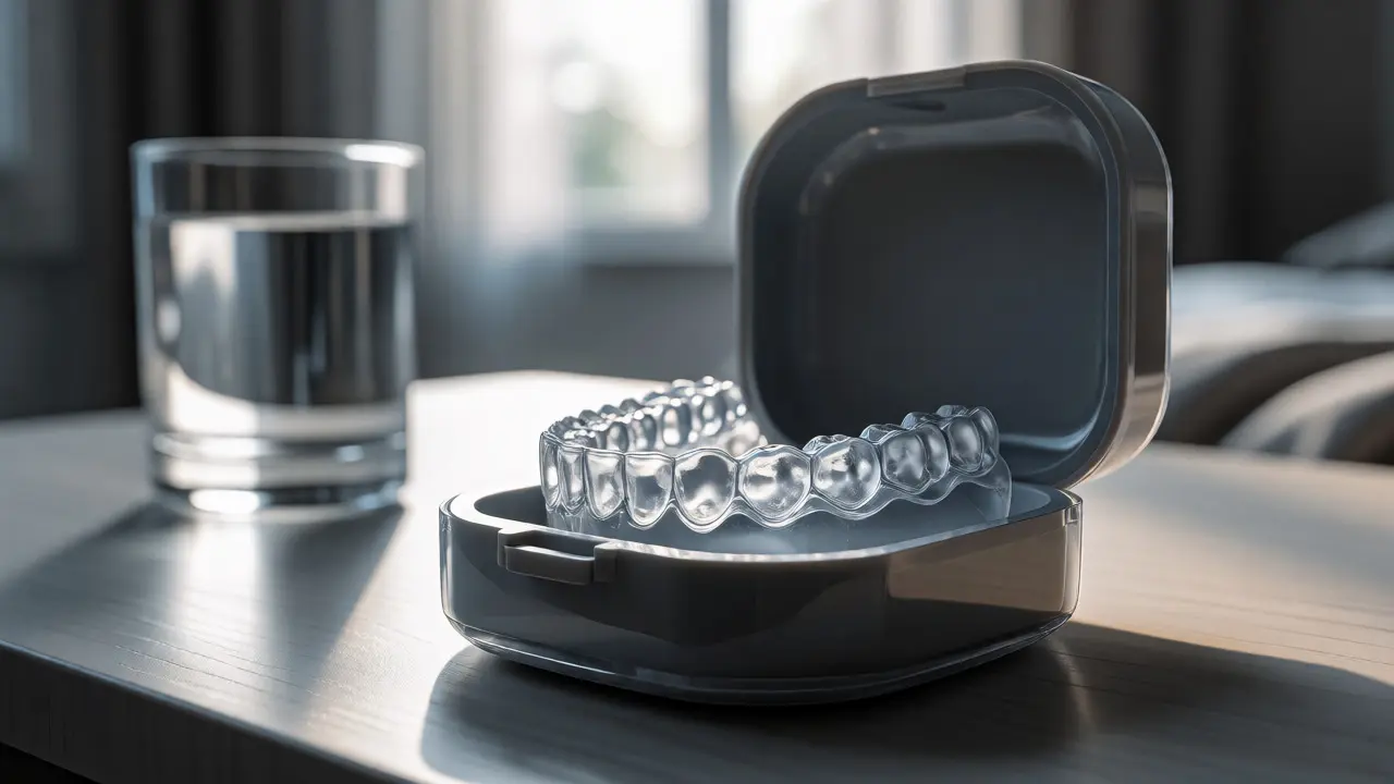 Čistý retainer v ochranném pouzdře na nočním stolku