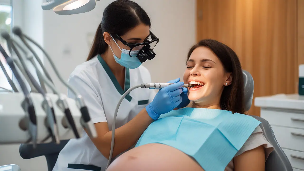 Dentální hygienistka odstraňuje zubní kámen u těhotné pacientky