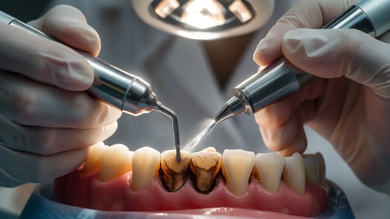 Dentální hygienistka odstraňuje zubní kámen ultrazvukem
