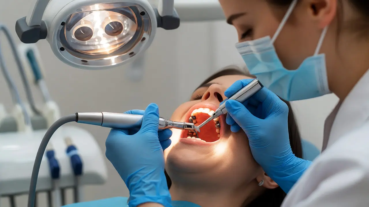 Dentální hygienistka provádí ultrazvukové čištění zubů