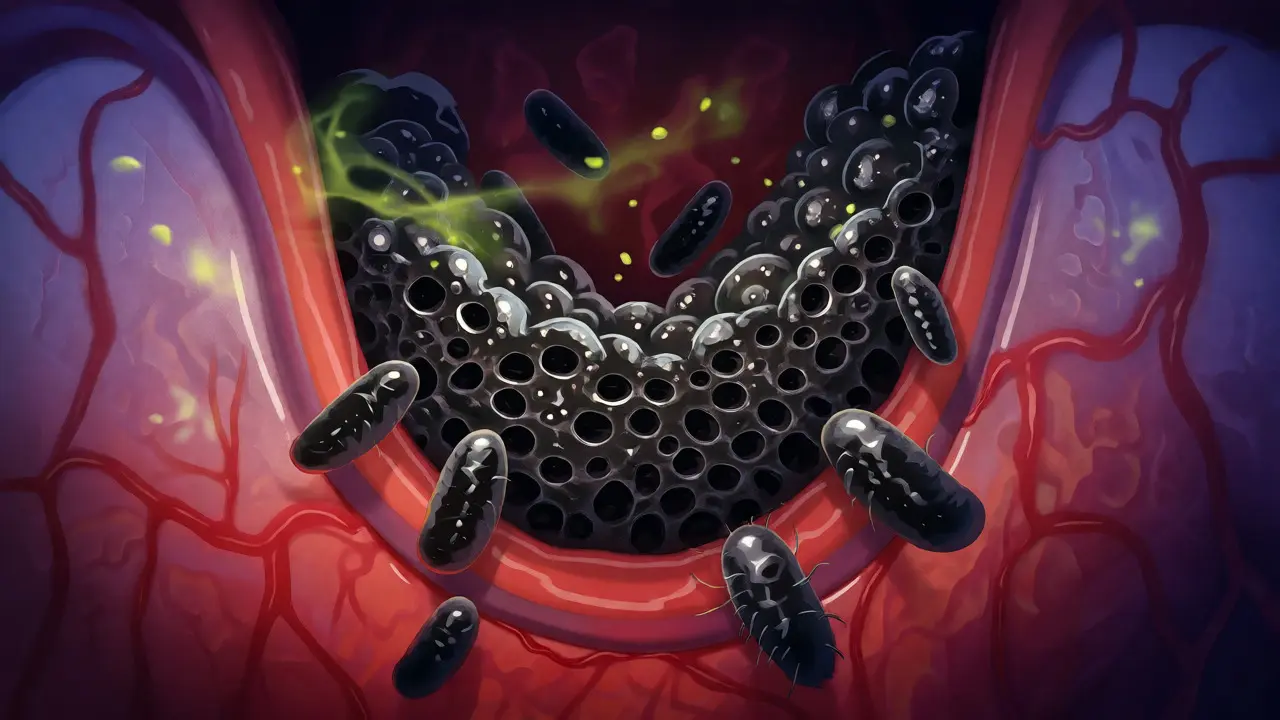 Ilustrace bakterií a černého kamene v dásňovém žlábku