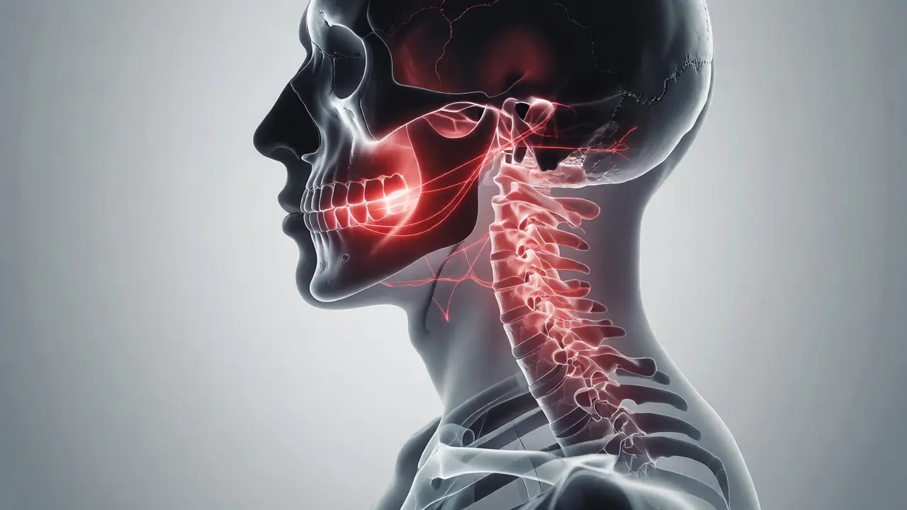 Konceptuální ilustrace propojení zdraví ústní dutiny se zdravím páteře a skeletu.