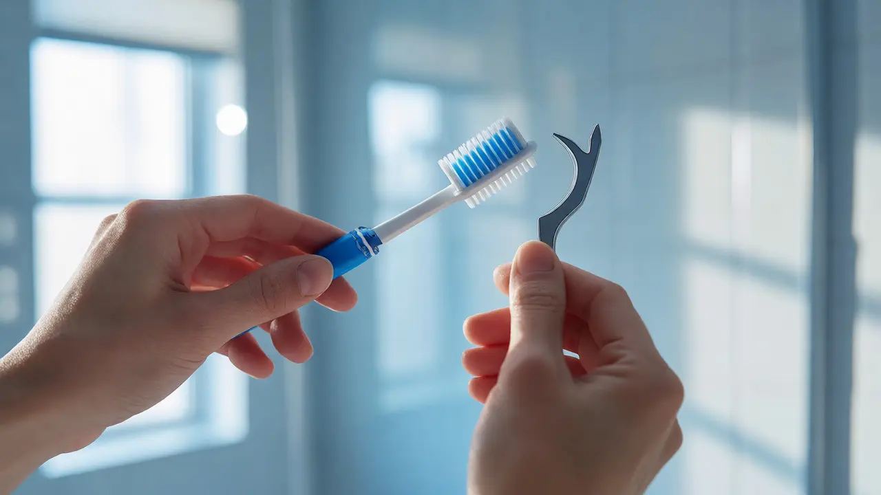Osoba čistí zuby kartáčkem pod úhlem 45 stupňů pro prevenci gingivitidy