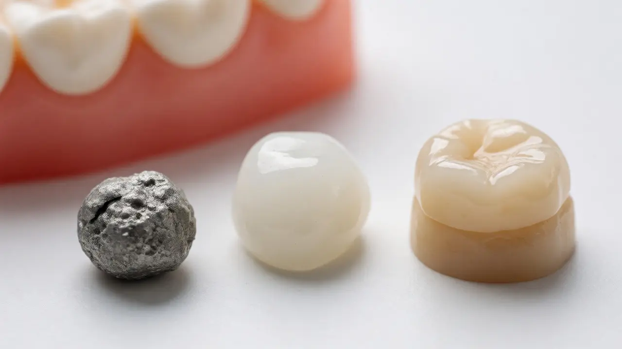 Porovnání materiálů pro plomby: amalgám, skloionomer a kompozit vedle modelu zubu.