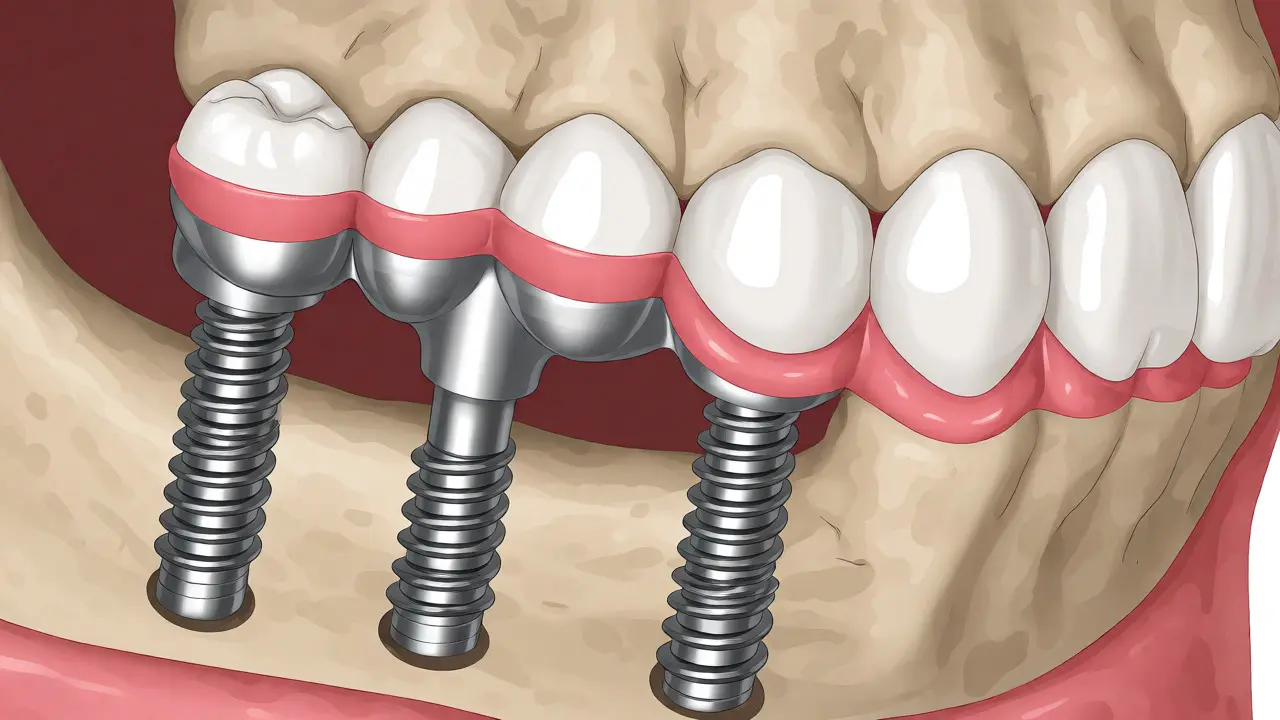 Řez čelistí ukazující čtyři implantáty nesoucí jeden souvislý zubní most.