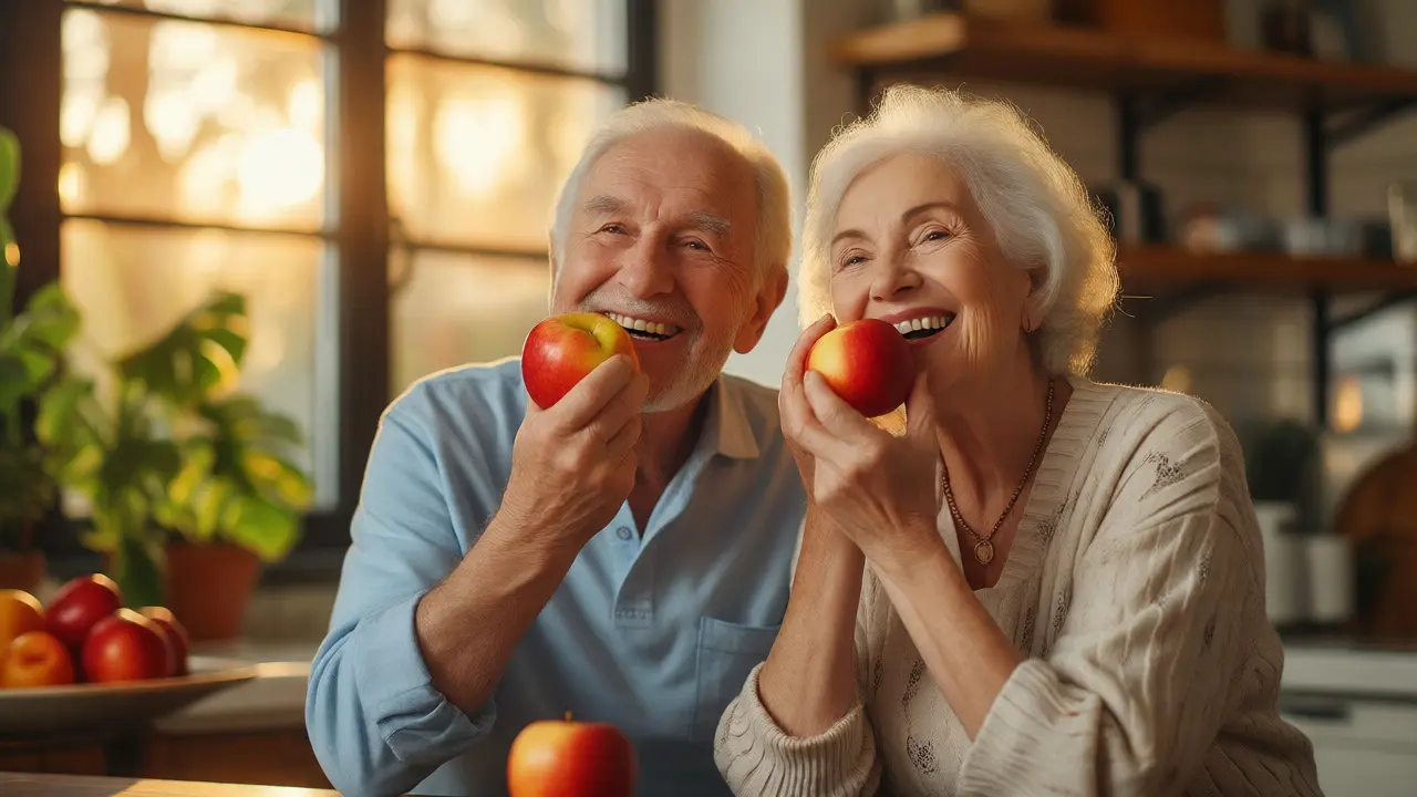 Seniorští pár s úsměvem kousající jablko v osvětlené kuchyni, symbolizující pohodlí.