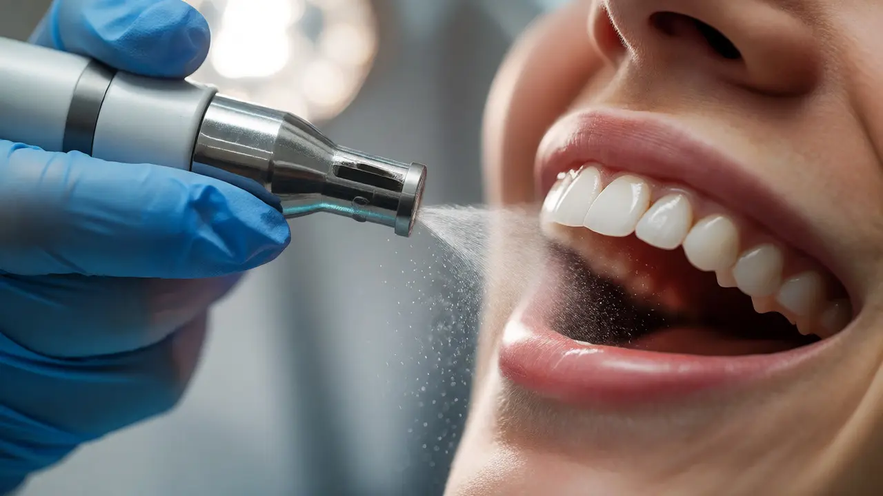 Zubní hygienista používá přístroj na pískování zubů s jemným sprejem
